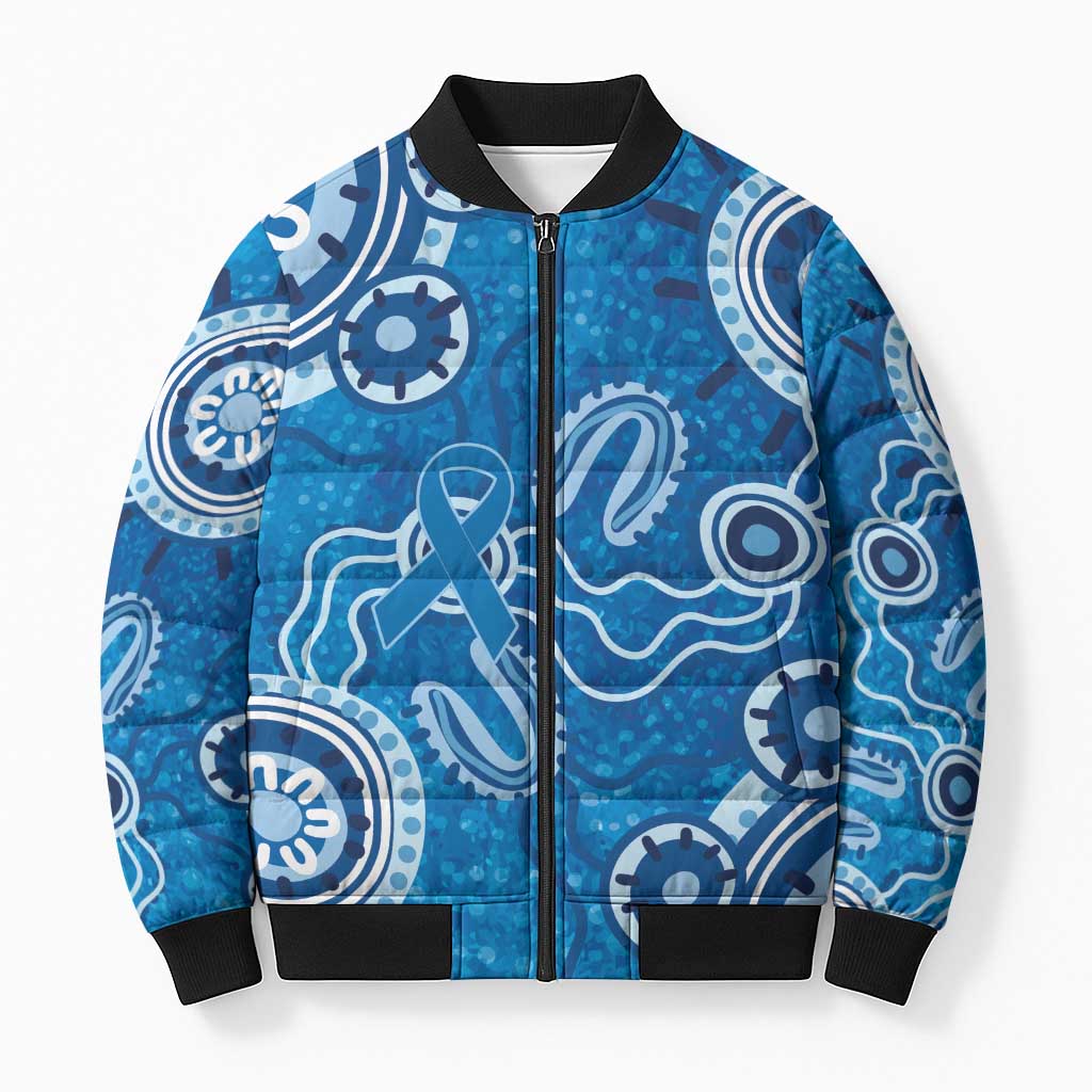 Australia Indigenous Prostate Cancer Awareness Bomber Puffer Jacket Blue Ribbon Aboriginal Art - Aussie Hoodie