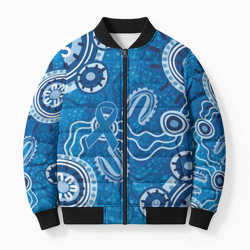 Australia Indigenous Prostate Cancer Awareness Bomber Puffer Jacket Blue Ribbon Aboriginal Art - Aussie Hoodie