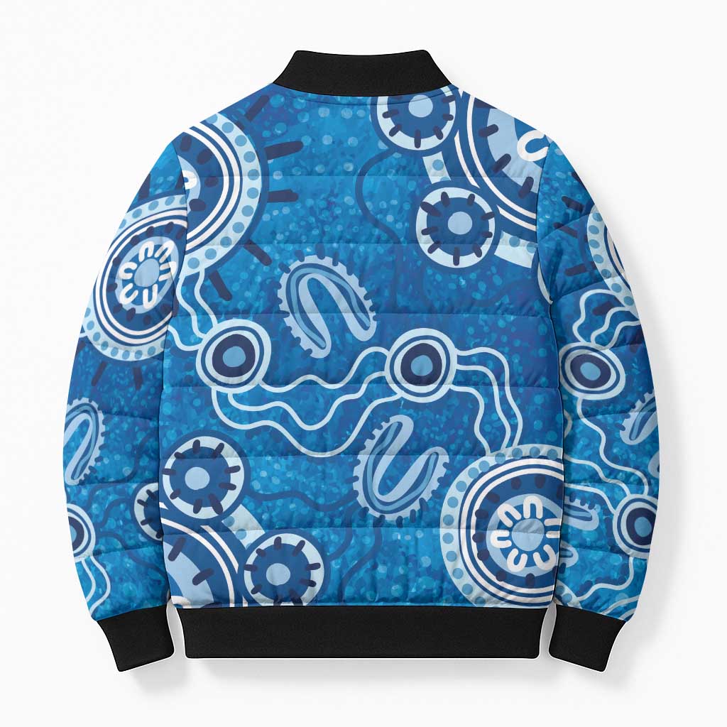 Australia Indigenous Prostate Cancer Awareness Bomber Puffer Jacket Blue Ribbon Aboriginal Art - Aussie Hoodie