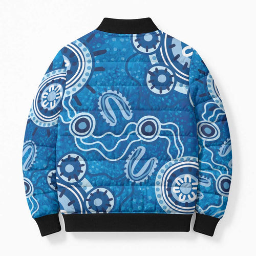 Australia Indigenous Prostate Cancer Awareness Bomber Puffer Jacket Blue Ribbon Aboriginal Art - Aussie Hoodie