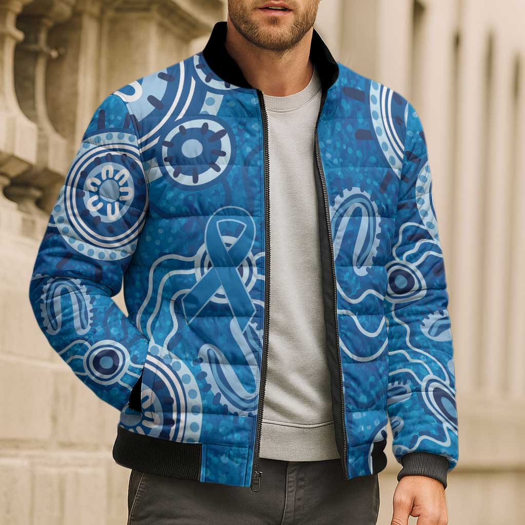 Australia Indigenous Prostate Cancer Awareness Bomber Puffer Jacket Blue Ribbon Aboriginal Art - Aussie Hoodie