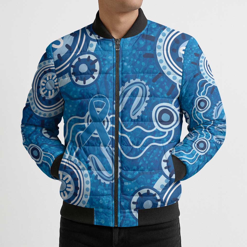 Australia Indigenous Prostate Cancer Awareness Bomber Puffer Jacket Blue Ribbon Aboriginal Art - Aussie Hoodie