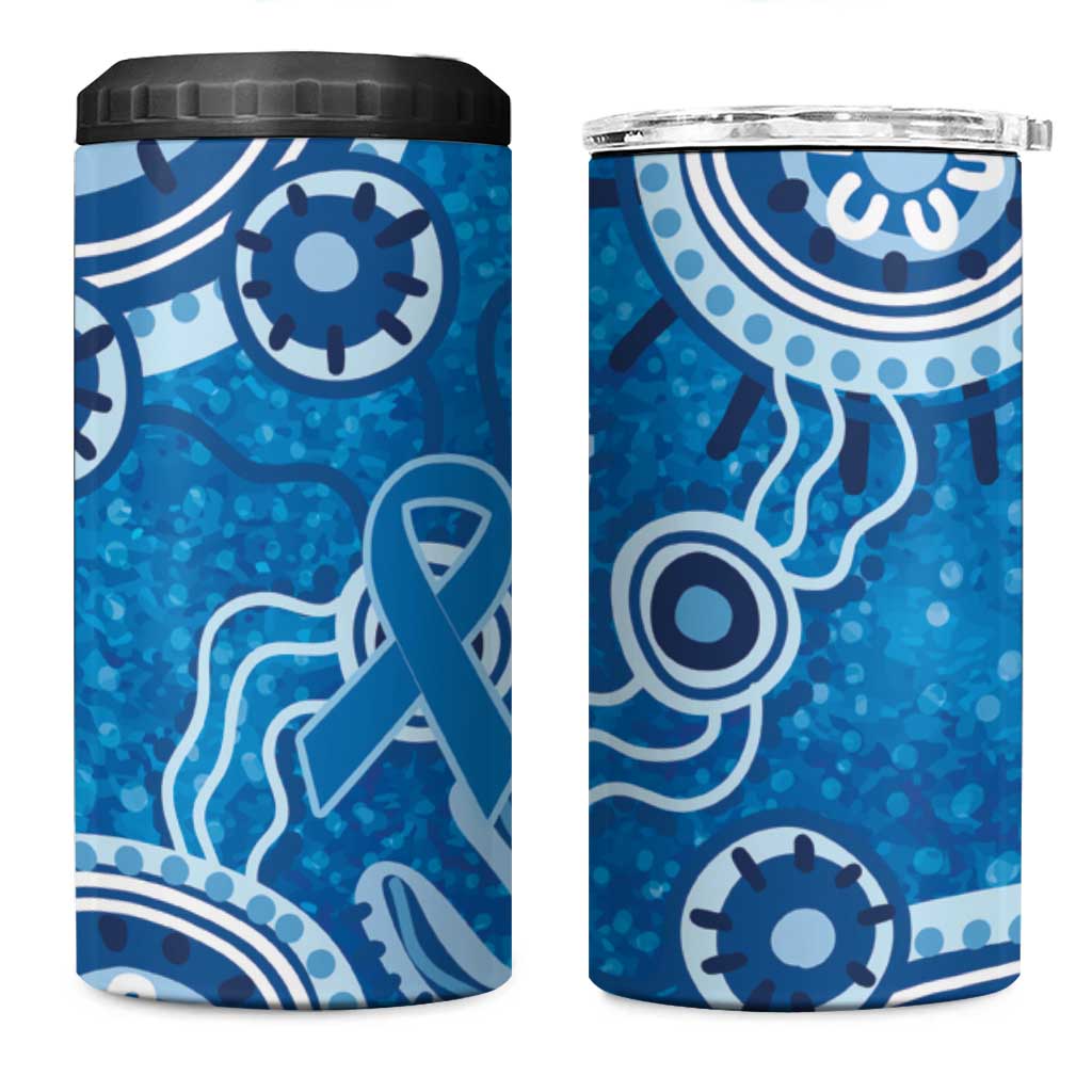 Australia Indigenous Prostate Cancer Awareness 4 in 1 Can Cooler Tumbler Blue Ribbon Aboriginal Art - Aussie Hoodie