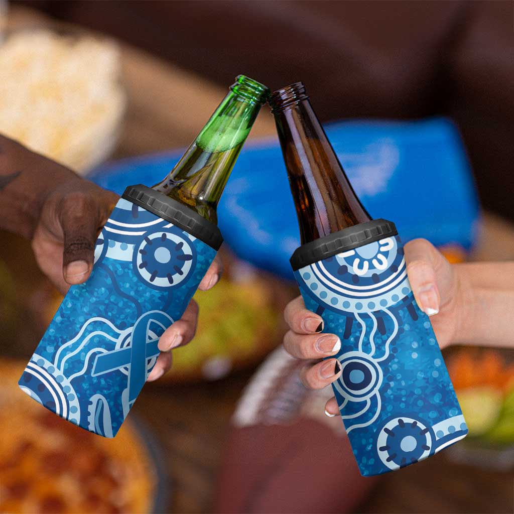 Australia Indigenous Prostate Cancer Awareness 4 in 1 Can Cooler Tumbler Blue Ribbon Aboriginal Art - Aussie Hoodie