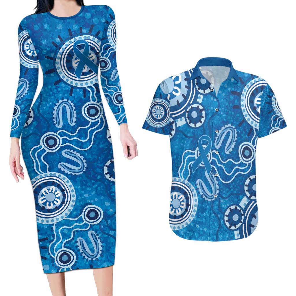 Australia Indigenous Prostate Cancer Awareness Couples Matching Long Sleeve Bodycon Dress and Hawaiian Shirt Blue Ribbon Aboriginal Art - Aussie Hoodie