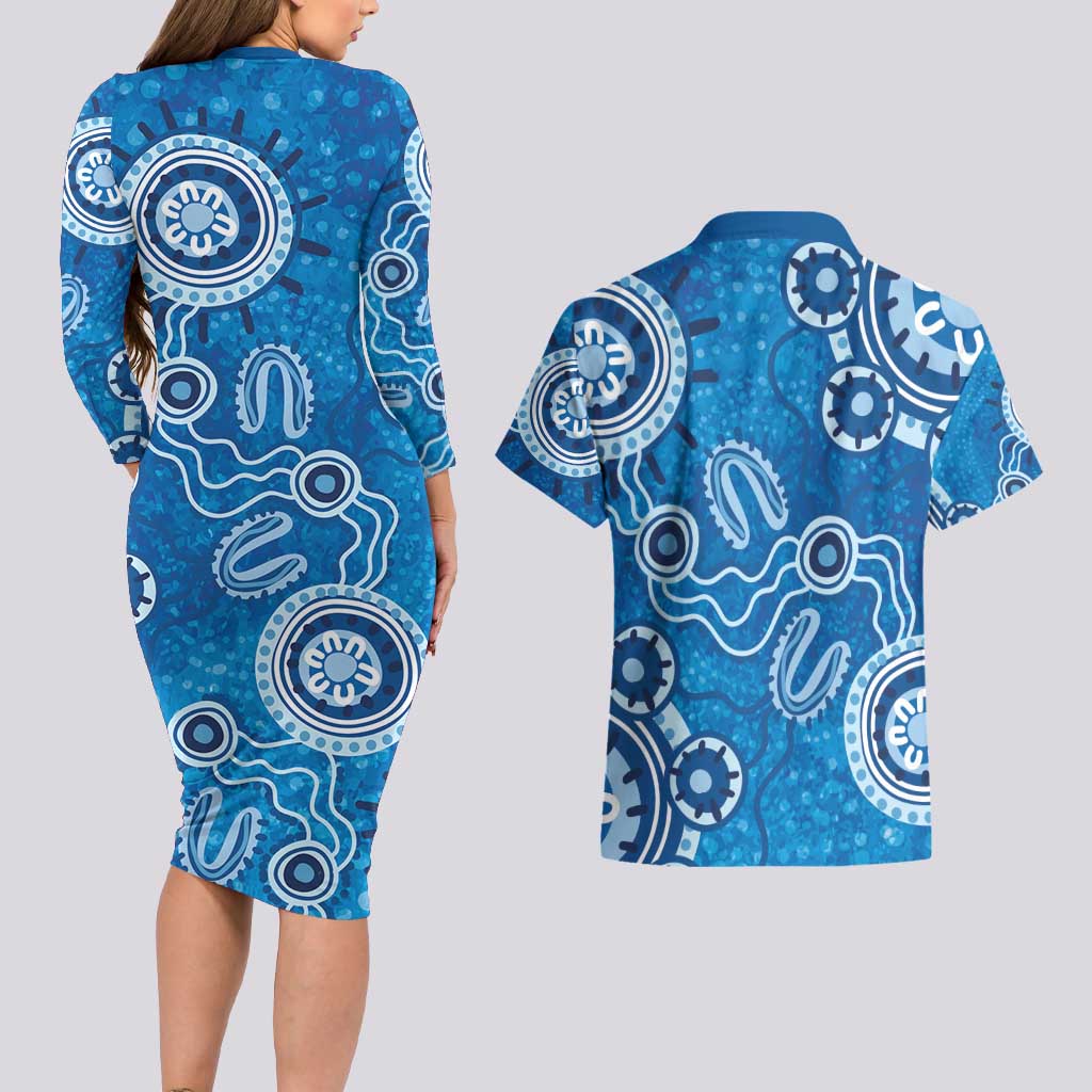 Australia Indigenous Prostate Cancer Awareness Couples Matching Long Sleeve Bodycon Dress and Hawaiian Shirt Blue Ribbon Aboriginal Art - Aussie Hoodie