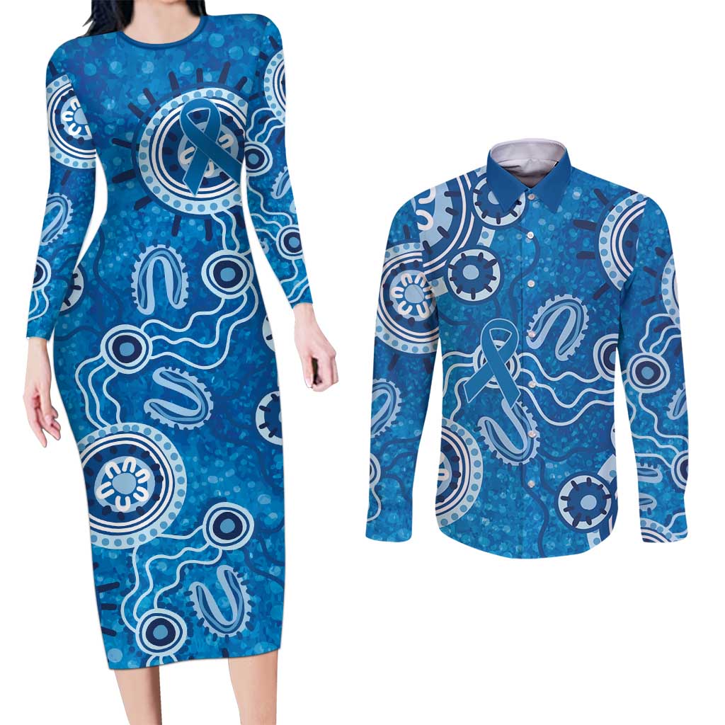 Australia Indigenous Prostate Cancer Awareness Couples Matching Long Sleeve Bodycon Dress and Long Sleeve Button Shirt Blue Ribbon Aboriginal Art - Aussie Hoodie