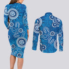 Australia Indigenous Prostate Cancer Awareness Couples Matching Long Sleeve Bodycon Dress and Long Sleeve Button Shirt Blue Ribbon Aboriginal Art - Aussie Hoodie