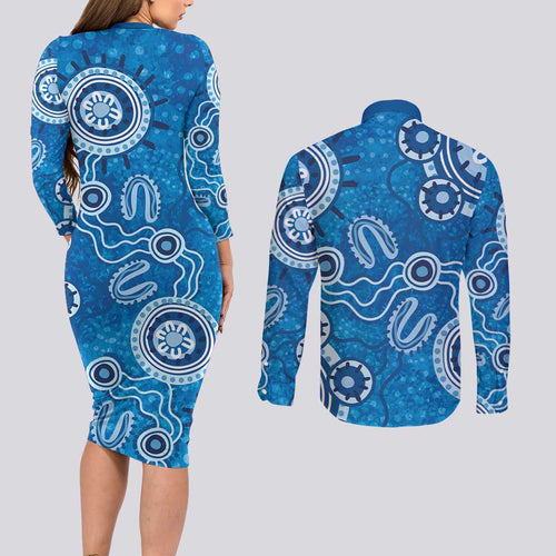 Australia Indigenous Prostate Cancer Awareness Couples Matching Long Sleeve Bodycon Dress and Long Sleeve Button Shirt Blue Ribbon Aboriginal Art - Aussie Hoodie