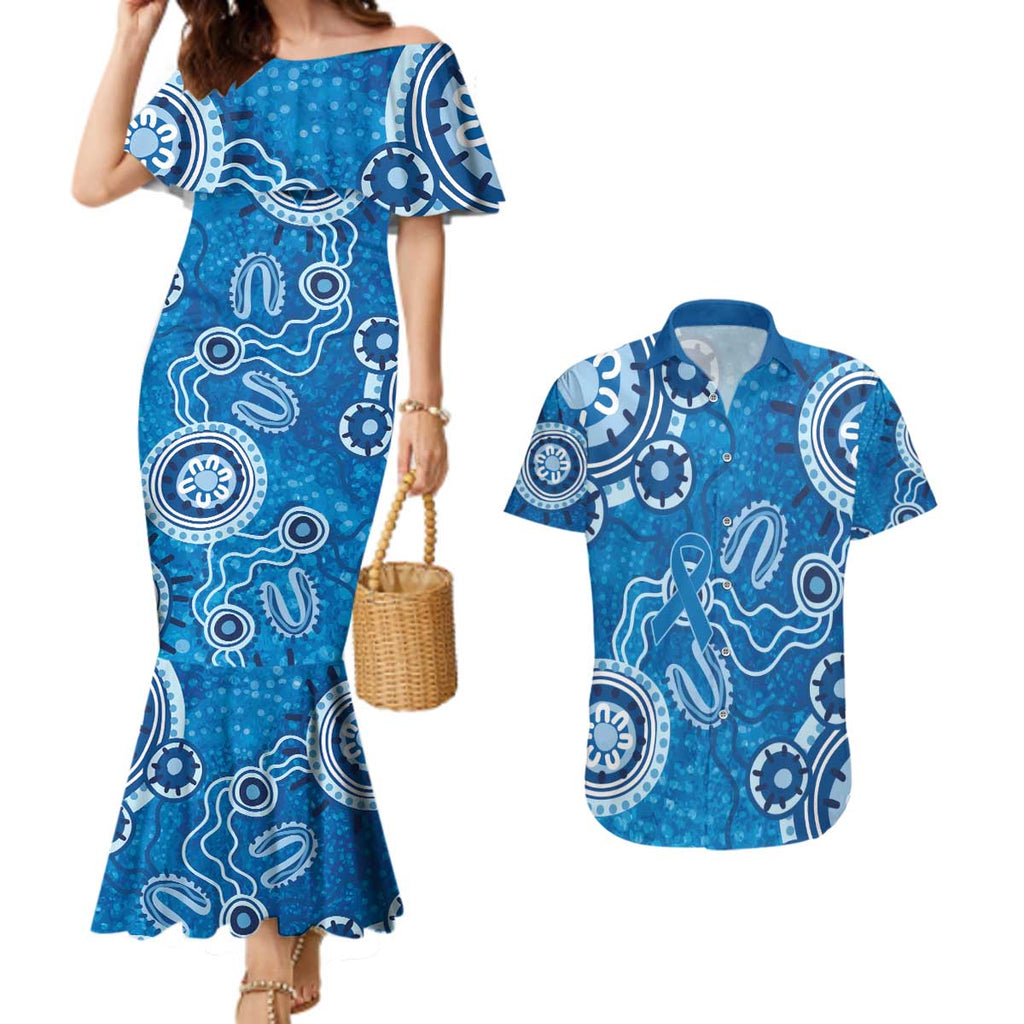 Australia Indigenous Prostate Cancer Awareness Couples Matching Mermaid Dress and Hawaiian Shirt Blue Ribbon Aboriginal Art - Aussie Hoodie