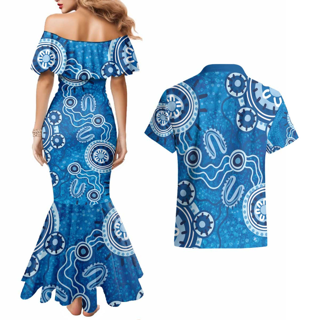 Australia Indigenous Prostate Cancer Awareness Couples Matching Mermaid Dress and Hawaiian Shirt Blue Ribbon Aboriginal Art - Aussie Hoodie