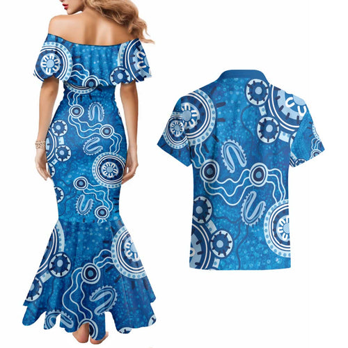 Australia Indigenous Prostate Cancer Awareness Couples Matching Mermaid Dress and Hawaiian Shirt Blue Ribbon Aboriginal Art - Aussie Hoodie