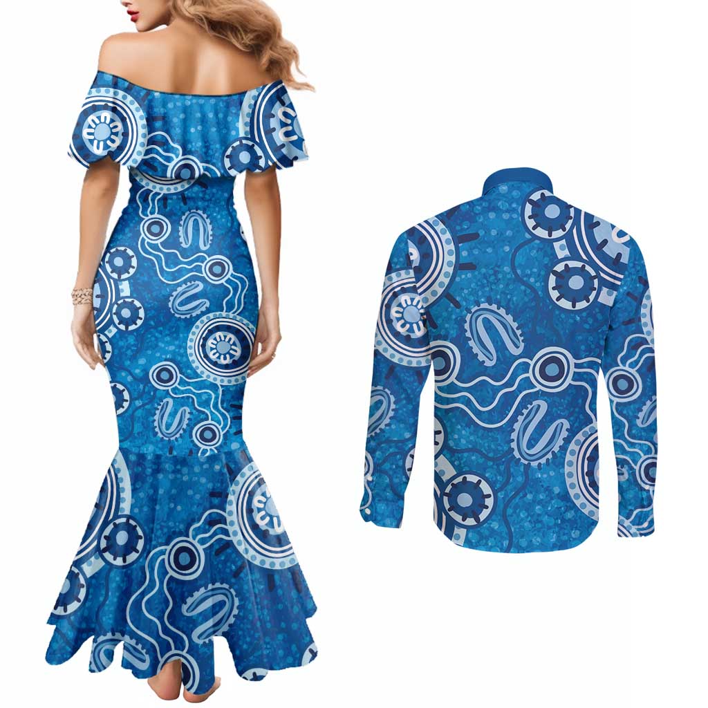 Australia Indigenous Prostate Cancer Awareness Couples Matching Mermaid Dress and Long Sleeve Button Shirt Blue Ribbon Aboriginal Art - Aussie Hoodie