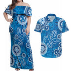 Australia Indigenous Prostate Cancer Awareness Couples Matching Off Shoulder Maxi Dress and Hawaiian Shirt Blue Ribbon Aboriginal Art - Aussie Hoodie