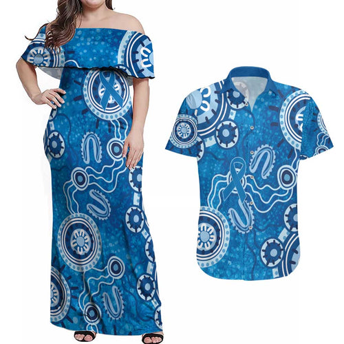Australia Indigenous Prostate Cancer Awareness Couples Matching Off Shoulder Maxi Dress and Hawaiian Shirt Blue Ribbon Aboriginal Art - Aussie Hoodie