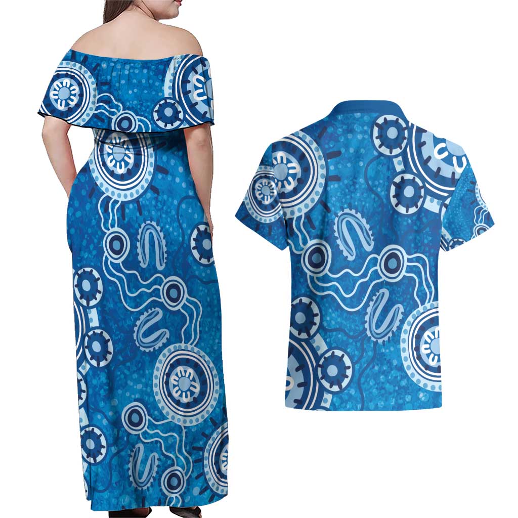 Australia Indigenous Prostate Cancer Awareness Couples Matching Off Shoulder Maxi Dress and Hawaiian Shirt Blue Ribbon Aboriginal Art - Aussie Hoodie