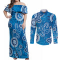 Australia Indigenous Prostate Cancer Awareness Couples Matching Off Shoulder Maxi Dress and Long Sleeve Button Shirt Blue Ribbon Aboriginal Art - Aussie Hoodie