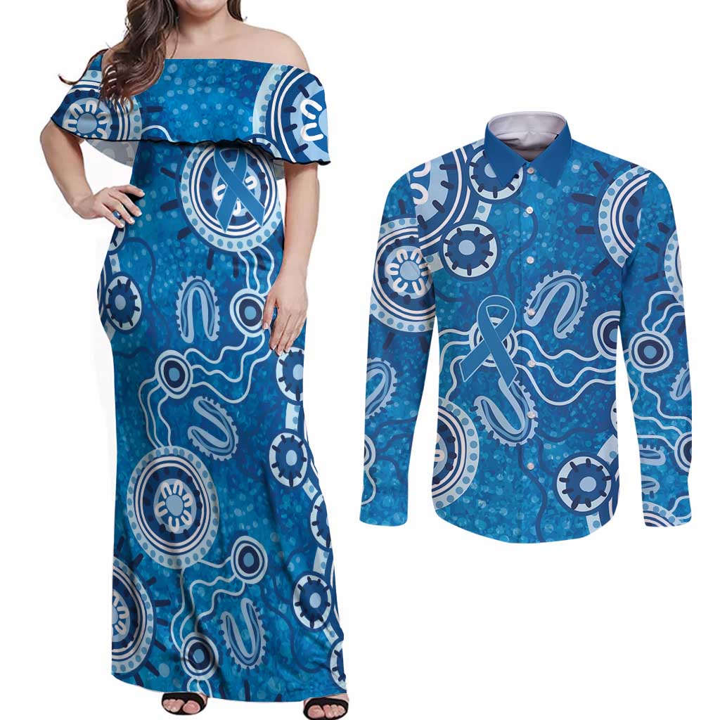 Australia Indigenous Prostate Cancer Awareness Couples Matching Off Shoulder Maxi Dress and Long Sleeve Button Shirt Blue Ribbon Aboriginal Art - Aussie Hoodie