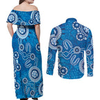 Australia Indigenous Prostate Cancer Awareness Couples Matching Off Shoulder Maxi Dress and Long Sleeve Button Shirt Blue Ribbon Aboriginal Art - Aussie Hoodie