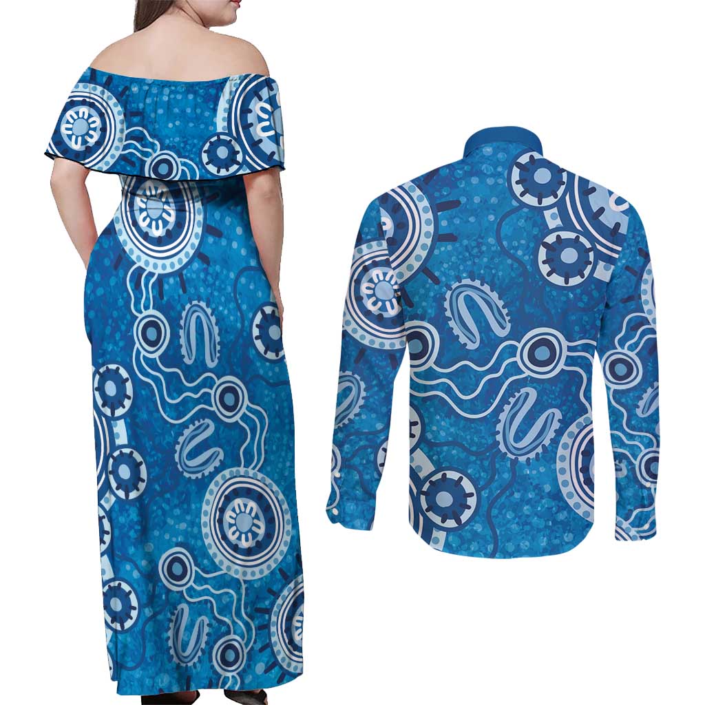 Australia Indigenous Prostate Cancer Awareness Couples Matching Off Shoulder Maxi Dress and Long Sleeve Button Shirt Blue Ribbon Aboriginal Art - Aussie Hoodie