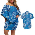 Australia Indigenous Prostate Cancer Awareness Couples Matching Off Shoulder Short Dress and Hawaiian Shirt Blue Ribbon Aboriginal Art - Aussie Hoodie