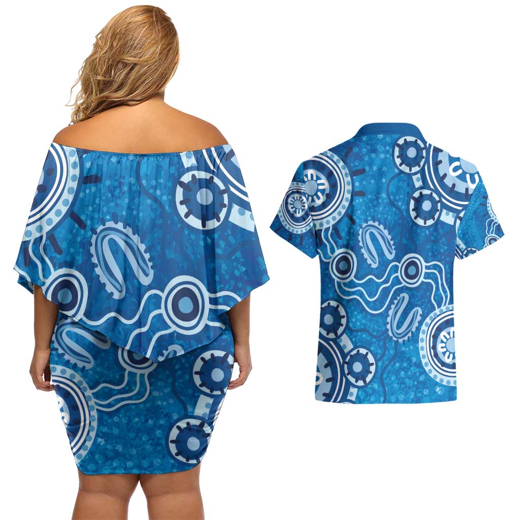 Australia Indigenous Prostate Cancer Awareness Couples Matching Off Shoulder Short Dress and Hawaiian Shirt Blue Ribbon Aboriginal Art - Aussie Hoodie