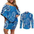 Australia Indigenous Prostate Cancer Awareness Couples Matching Off Shoulder Short Dress and Long Sleeve Button Shirt Blue Ribbon Aboriginal Art - Aussie Hoodie