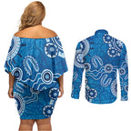 Australia Indigenous Prostate Cancer Awareness Couples Matching Off Shoulder Short Dress and Long Sleeve Button Shirt Blue Ribbon Aboriginal Art - Aussie Hoodie
