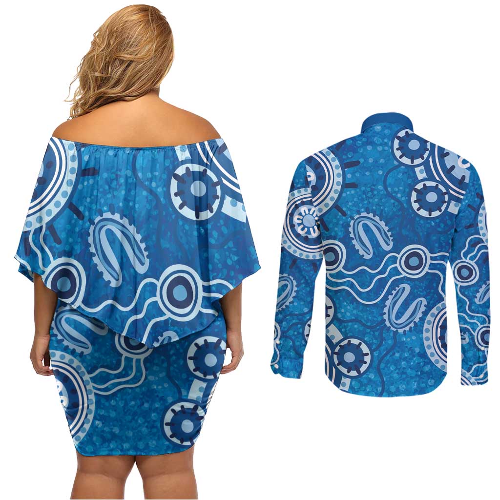 Australia Indigenous Prostate Cancer Awareness Couples Matching Off Shoulder Short Dress and Long Sleeve Button Shirt Blue Ribbon Aboriginal Art - Aussie Hoodie