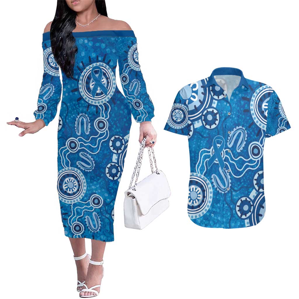 Australia Indigenous Prostate Cancer Awareness Couples Matching Off The Shoulder Long Sleeve Dress and Hawaiian Shirt Blue Ribbon Aboriginal Art - Aussie Hoodie