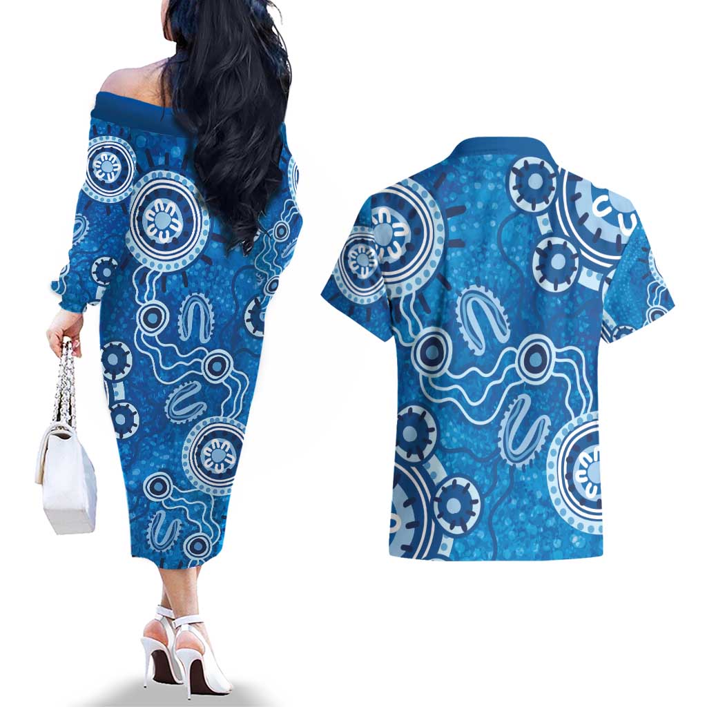 Australia Indigenous Prostate Cancer Awareness Couples Matching Off The Shoulder Long Sleeve Dress and Hawaiian Shirt Blue Ribbon Aboriginal Art - Aussie Hoodie