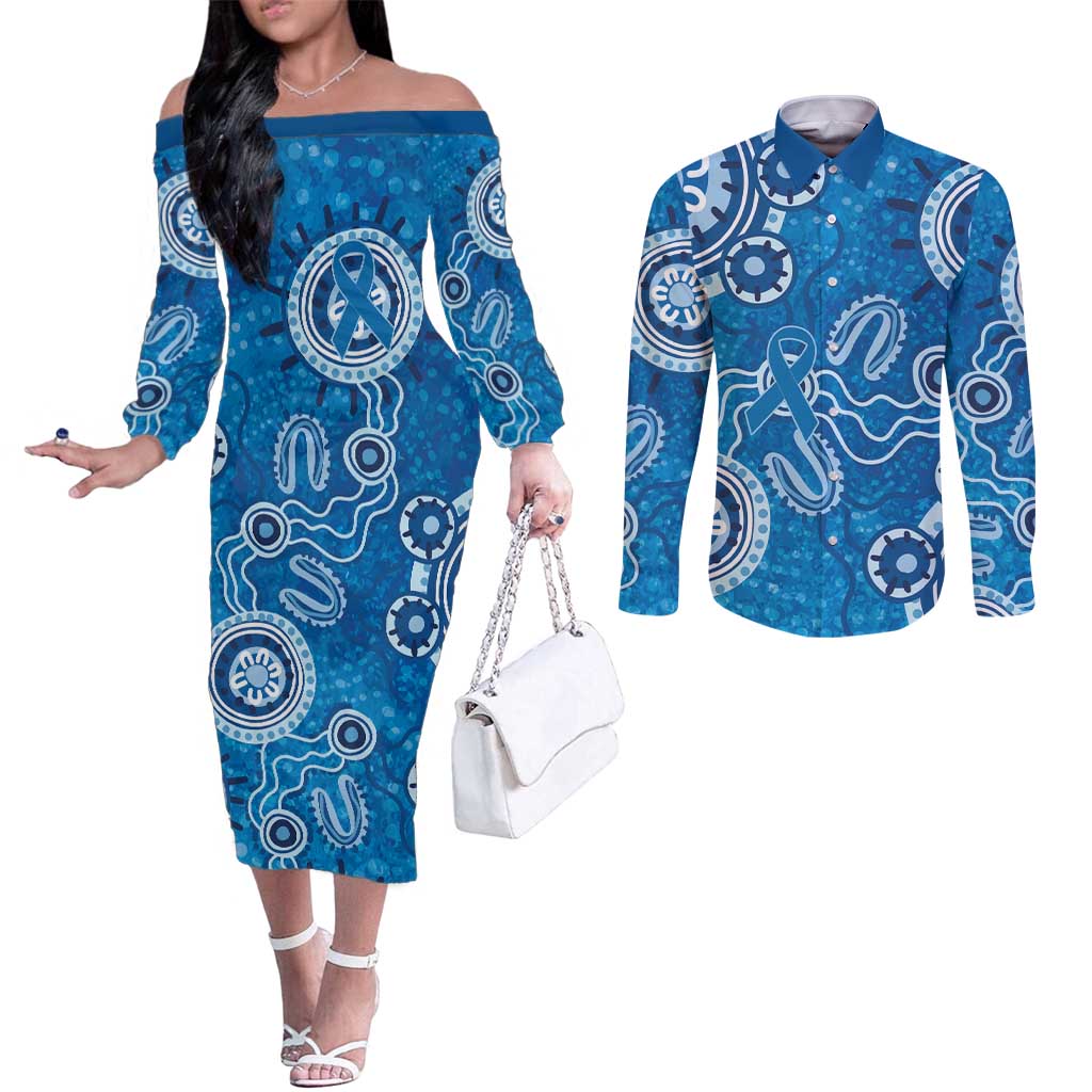 Australia Indigenous Prostate Cancer Awareness Couples Matching Off The Shoulder Long Sleeve Dress and Long Sleeve Button Shirt Blue Ribbon Aboriginal Art - Aussie Hoodie