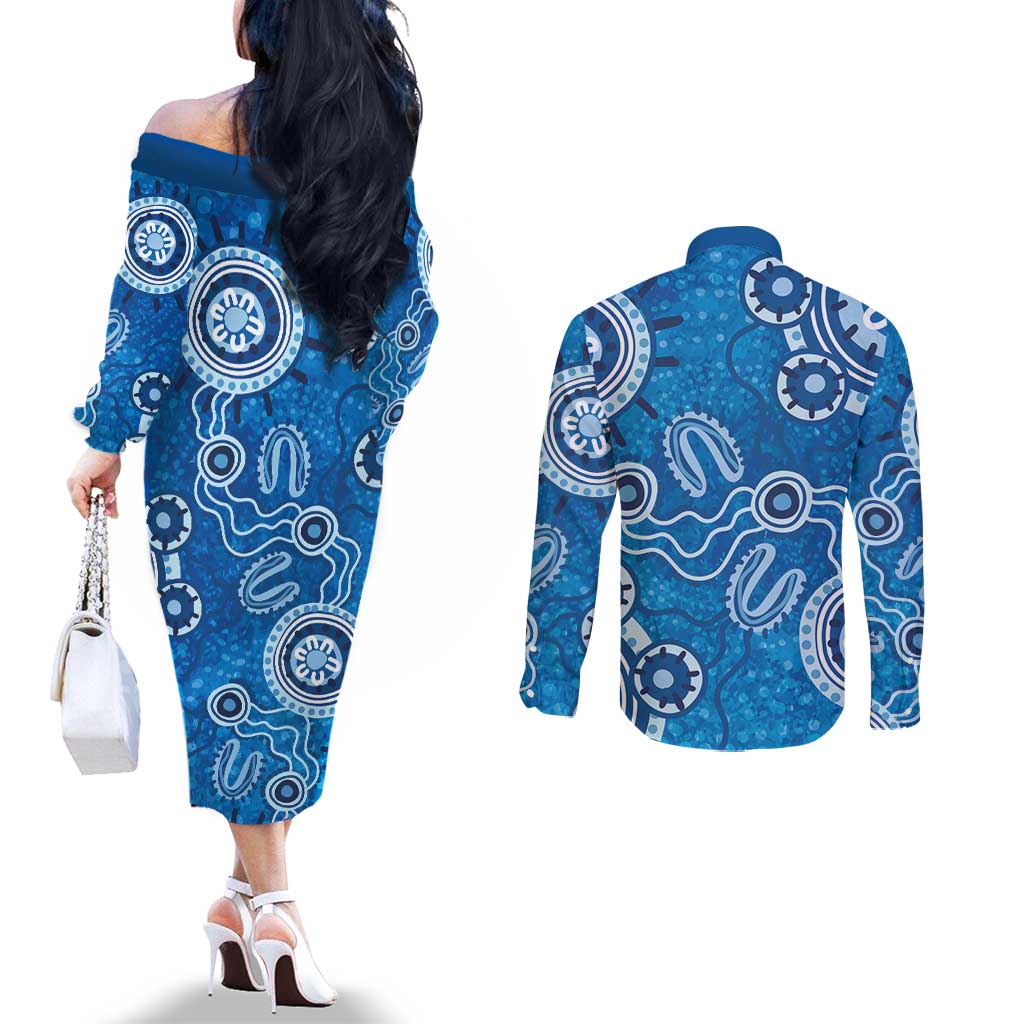 Australia Indigenous Prostate Cancer Awareness Couples Matching Off The Shoulder Long Sleeve Dress and Long Sleeve Button Shirt Blue Ribbon Aboriginal Art - Aussie Hoodie