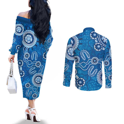 Australia Indigenous Prostate Cancer Awareness Couples Matching Off The Shoulder Long Sleeve Dress and Long Sleeve Button Shirt Blue Ribbon Aboriginal Art - Aussie Hoodie
