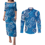 Australia Indigenous Prostate Cancer Awareness Couples Matching Puletasi and Long Sleeve Button Shirt Blue Ribbon Aboriginal Art - Aussie Hoodie