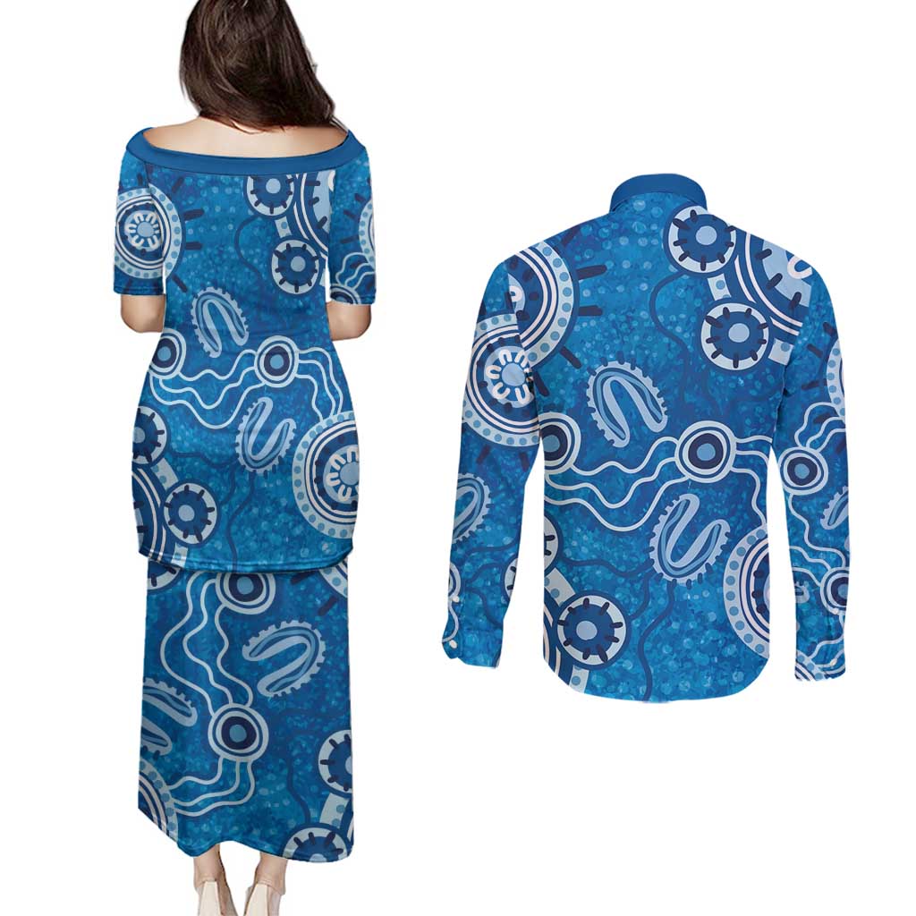 Australia Indigenous Prostate Cancer Awareness Couples Matching Puletasi and Long Sleeve Button Shirt Blue Ribbon Aboriginal Art - Aussie Hoodie