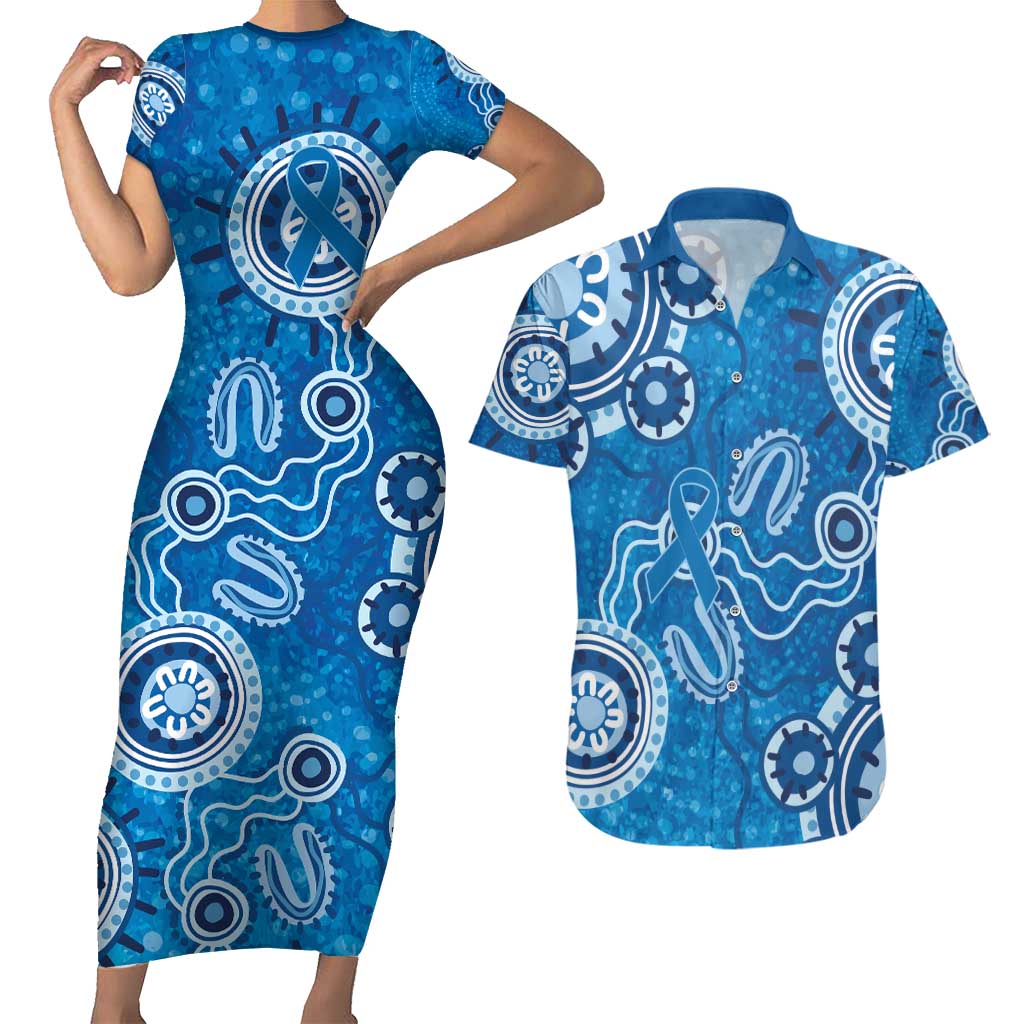 Australia Indigenous Prostate Cancer Awareness Couples Matching Short Sleeve Bodycon Dress and Hawaiian Shirt Blue Ribbon Aboriginal Art - Aussie Hoodie