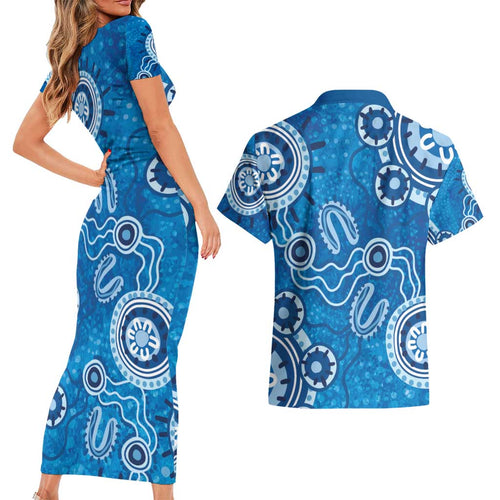 Australia Indigenous Prostate Cancer Awareness Couples Matching Short Sleeve Bodycon Dress and Hawaiian Shirt Blue Ribbon Aboriginal Art - Aussie Hoodie