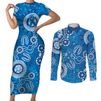 Australia Indigenous Prostate Cancer Awareness Couples Matching Short Sleeve Bodycon Dress and Long Sleeve Button Shirt Blue Ribbon Aboriginal Art - Aussie Hoodie