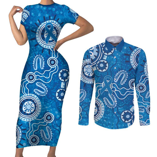 Australia Indigenous Prostate Cancer Awareness Couples Matching Short Sleeve Bodycon Dress and Long Sleeve Button Shirt Blue Ribbon Aboriginal Art - Aussie Hoodie