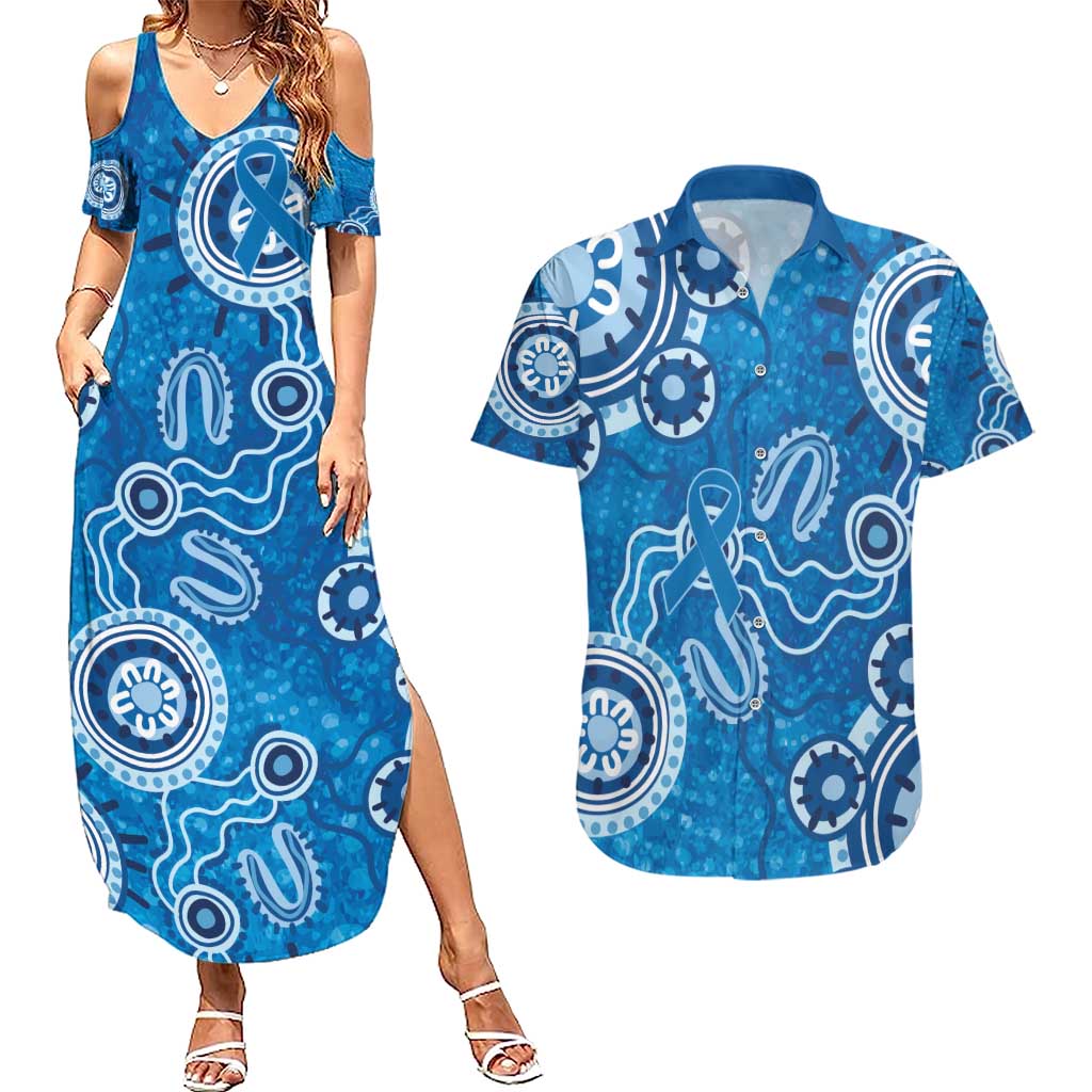 Australia Indigenous Prostate Cancer Awareness Couples Matching Summer Maxi Dress and Hawaiian Shirt Blue Ribbon Aboriginal Art - Aussie Hoodie