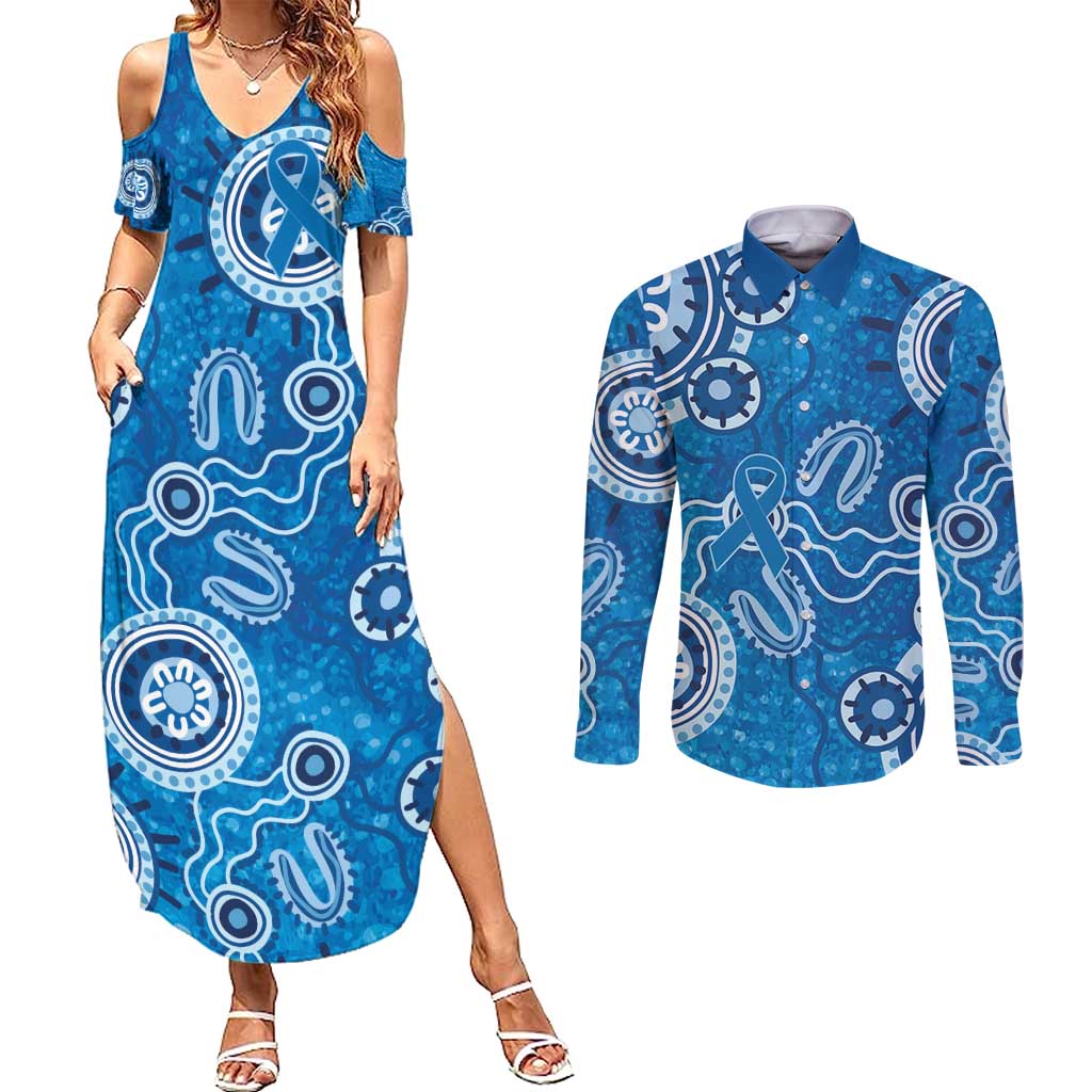 Australia Indigenous Prostate Cancer Awareness Couples Matching Summer Maxi Dress and Long Sleeve Button Shirt Blue Ribbon Aboriginal Art - Aussie Hoodie
