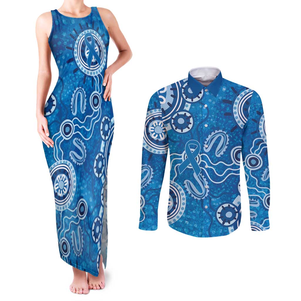 Australia Indigenous Prostate Cancer Awareness Couples Matching Tank Maxi Dress and Long Sleeve Button Shirt Blue Ribbon Aboriginal Art - Aussie Hoodie