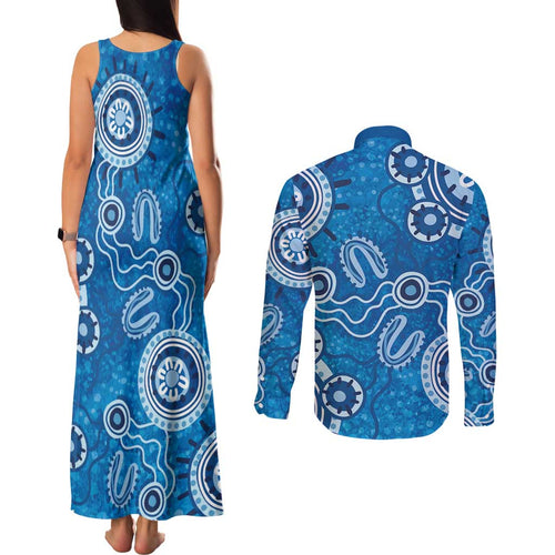 Australia Indigenous Prostate Cancer Awareness Couples Matching Tank Maxi Dress and Long Sleeve Button Shirt Blue Ribbon Aboriginal Art - Aussie Hoodie