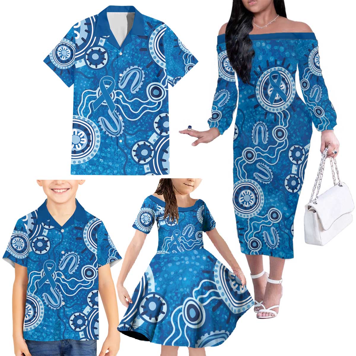 Australia Indigenous Prostate Cancer Awareness Family Matching Off The Shoulder Long Sleeve Dress and Hawaiian Shirt Blue Ribbon Aboriginal Art - Aussie Hoodie