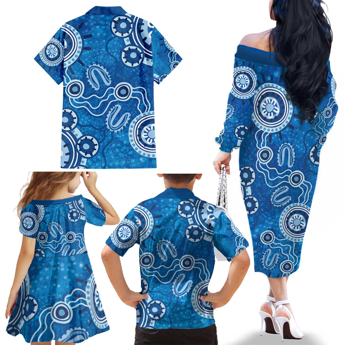 Australia Indigenous Prostate Cancer Awareness Family Matching Off The Shoulder Long Sleeve Dress and Hawaiian Shirt Blue Ribbon Aboriginal Art - Aussie Hoodie