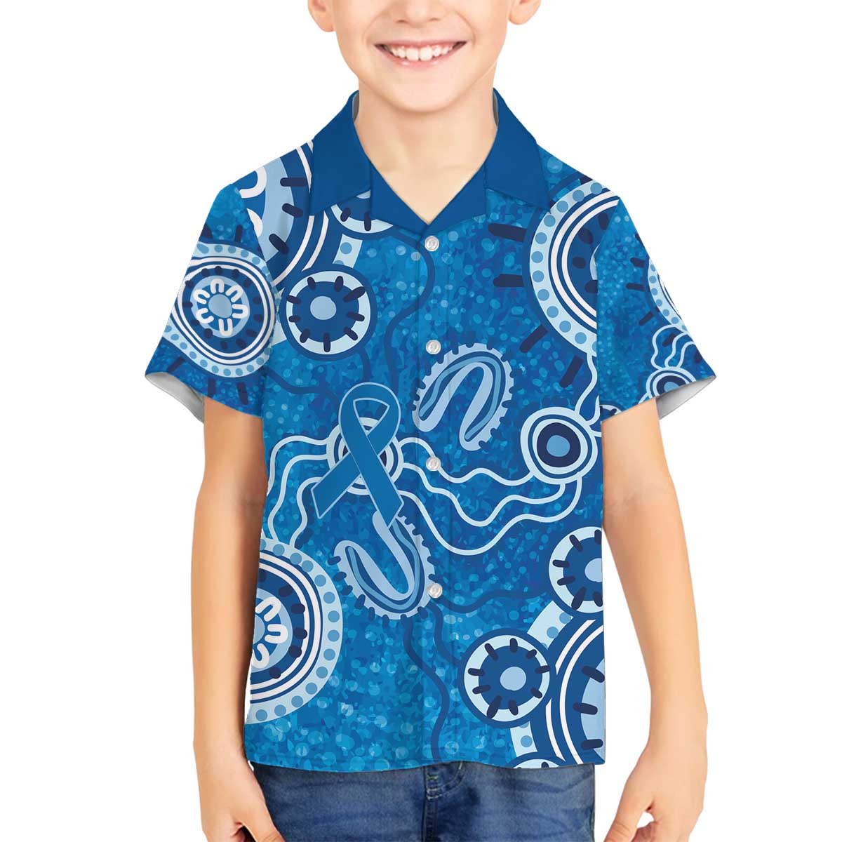 Australia Indigenous Prostate Cancer Awareness Family Matching Off The Shoulder Long Sleeve Dress and Hawaiian Shirt Blue Ribbon Aboriginal Art - Aussie Hoodie