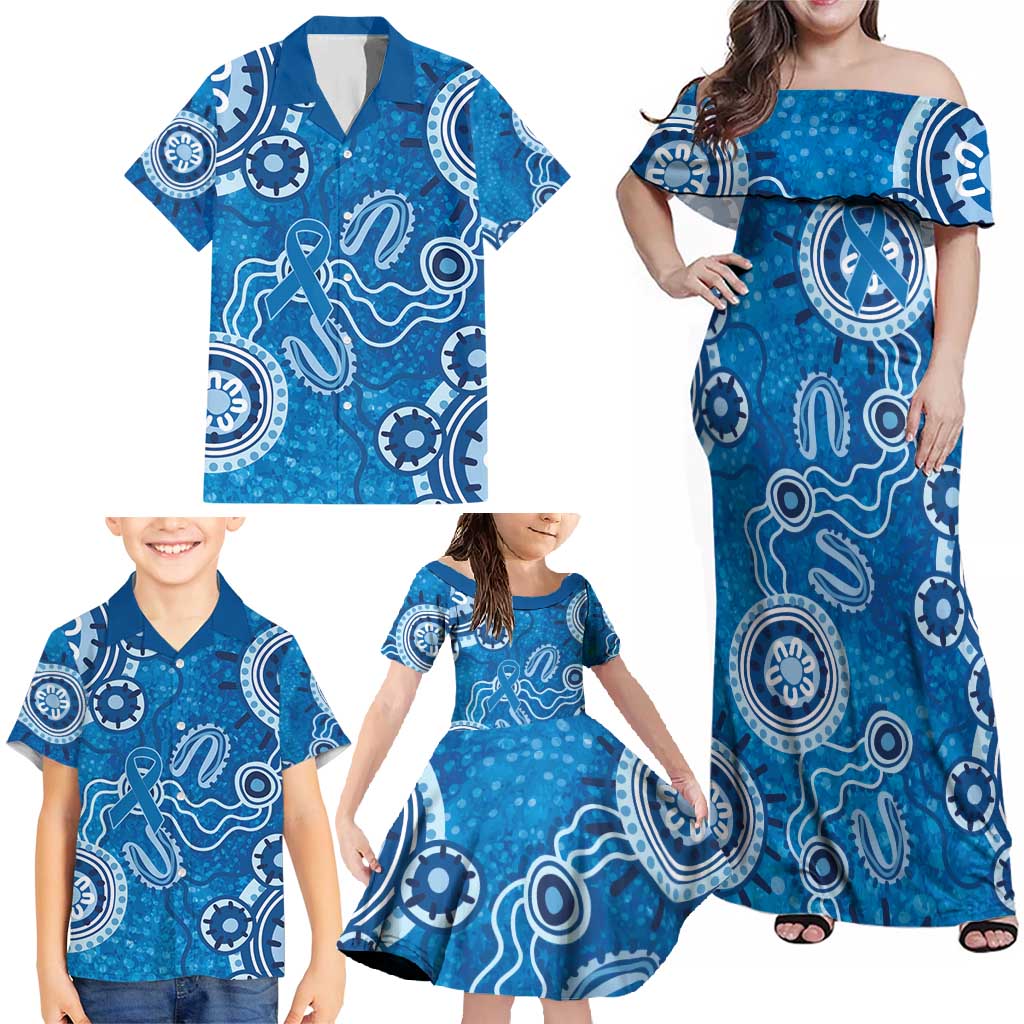 Australia Indigenous Prostate Cancer Awareness Family Matching Off Shoulder Maxi Dress and Hawaiian Shirt Blue Ribbon Aboriginal Art - Aussie Hoodie