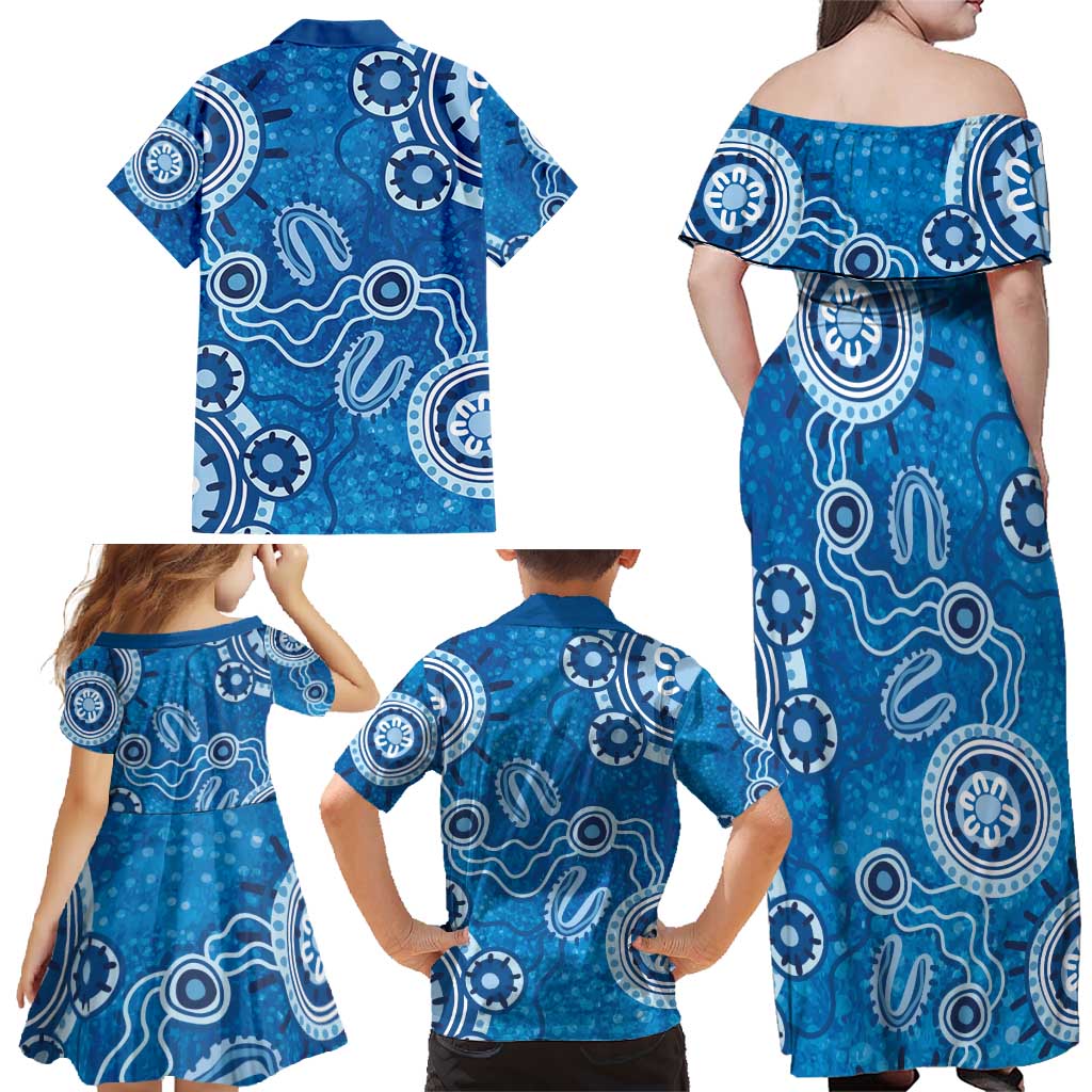Australia Indigenous Prostate Cancer Awareness Family Matching Off Shoulder Maxi Dress and Hawaiian Shirt Blue Ribbon Aboriginal Art - Aussie Hoodie