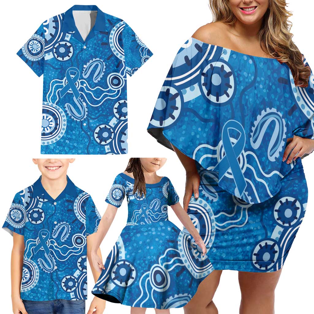 Australia Indigenous Prostate Cancer Awareness Family Matching Off Shoulder Short Dress and Hawaiian Shirt Blue Ribbon Aboriginal Art - Aussie Hoodie